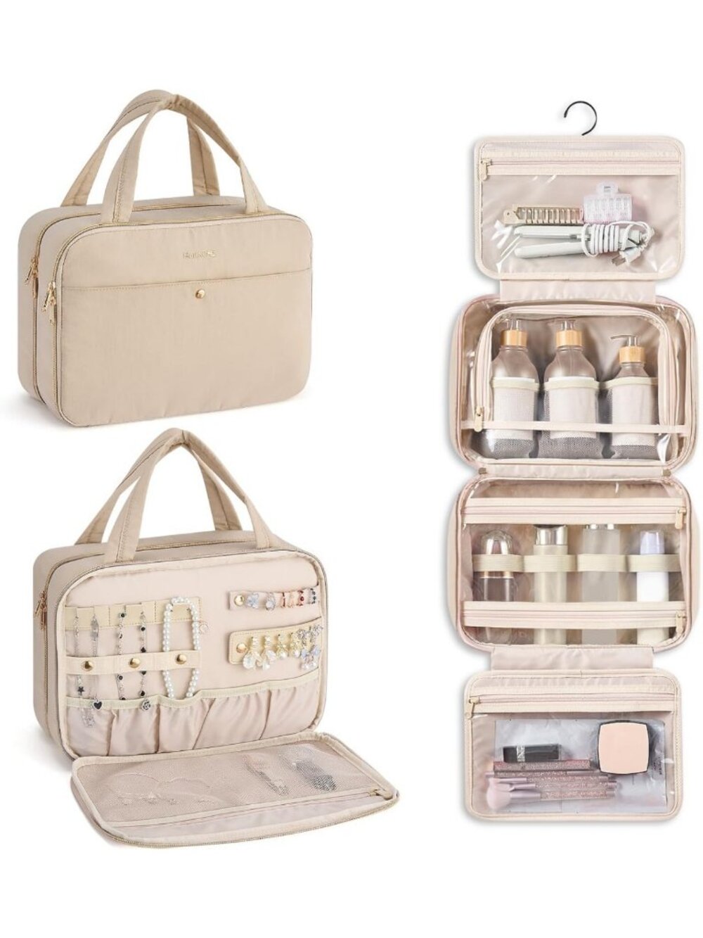 Travel Toiletry Bag with Jewelry Organizer - Stylish Apricot Hanging Design